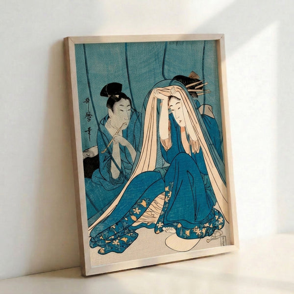 Introspective portrait of a geisha with mirror in a classical Japanese woodblock aesthetic, combining muted cream and black with rich teal blue and ochre highlights.