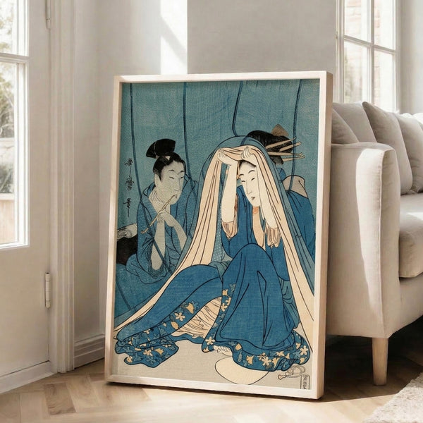Japanese ukiyo-e inspired artwork capturing a quiet moment of a geisha with mirror, rendered in elegant teal blue, cream, black, and ochre on a wall-mounted print.