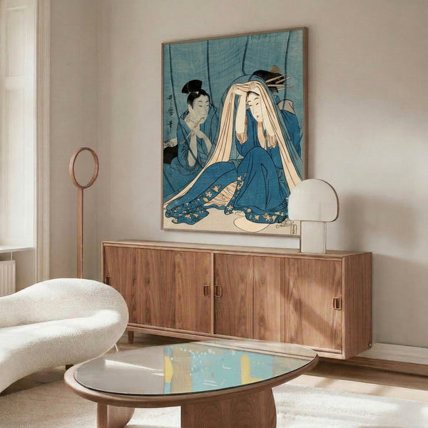 Framed vintage-style Japanese woodblock print of a geisha's introspective mirror scene, featuring sophisticated tones of teal, cream, black, and pale gold ochre.