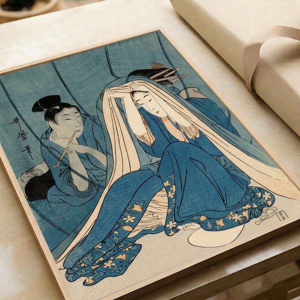 Classic geisha woodblock artwork in the ukiyo-e tradition, depicting a contemplative figure in kimono gazing at her reflection with a refined palette of teal and cream tones.