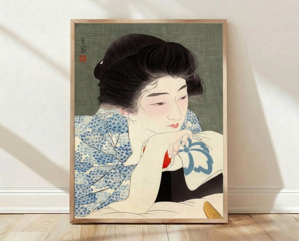 Serene geisha portrait in Showa-era Japanese woodblock style, rendered in sage green, indigo blue, and coral red tones, featuring an elegantly composed woman in traditional kimono holding a fan.
