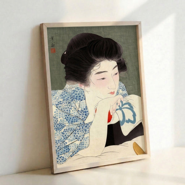 Japanese woodblock print depicting a poised geisha in traditional dress, combining serene elegance with Showa-period aesthetics using rich indigo blue and warm coral red accents.