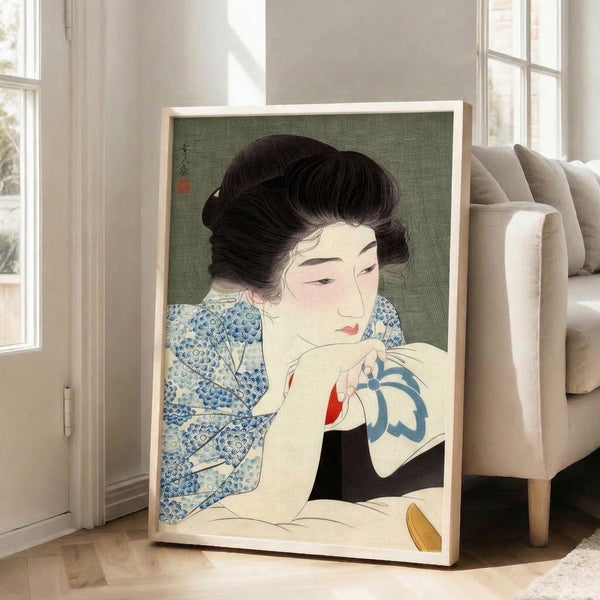 Elegant geisha portrait in the Japanese woodblock tradition, features intricate kimono details and fan motif in a sophisticated palette of indigo, sage green, and coral red tones.