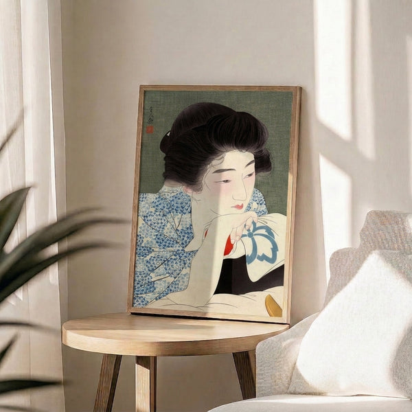 Japanese woodblock geisha artwork displaying traditional kimono and fan, infused with contemplative mood through balanced composition and palette of indigo blue, coral, and sage tones.