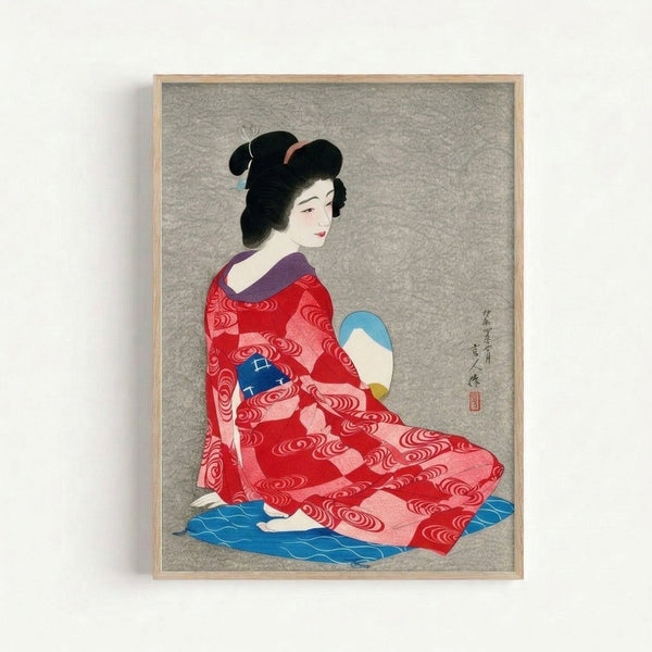 Serene Japanese woodblock artwork depicting a refined geisha figure draped in deep red silk with intricate patterns, accented by cool blue and grey tones.