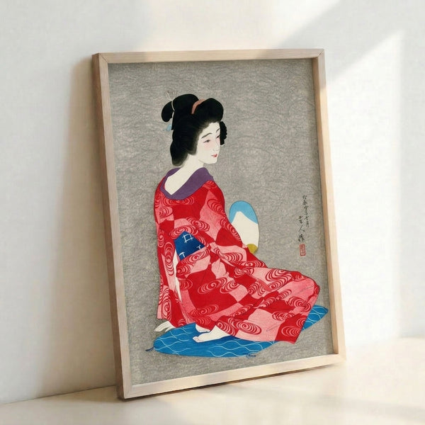 Vintage-style woodblock poster featuring a composed geisha in crimson kimono with fan, blending traditional red and blue hues against cream and charcoal backgrounds.