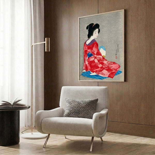 Dignified geisha portrait in deep red kimono holding a fan, executed in classic Japanese woodblock style with bold blacks, cool blues, and creamy highlights.