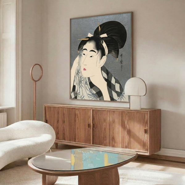 Contemplative portrait of a geisha in ornamental kimono from classical Japanese woodblock tradition, rendered in understated cream, gray and pink palette.