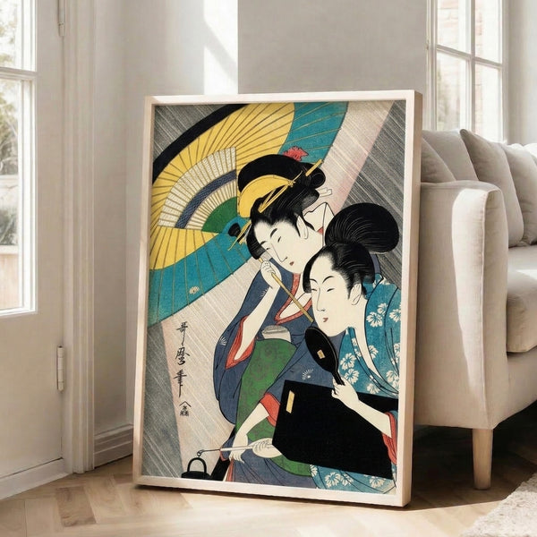 Traditional Japanese art print showing an elegant woman in ornate kimono holding parasol, rendered with classic woodblock techniques and serene mood.