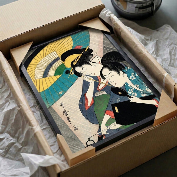 Timeless ukiyo-e style artwork of a geisha with parasol in detailed kimono, featuring soft yellow and teal accents against dark and neutral backgrounds.