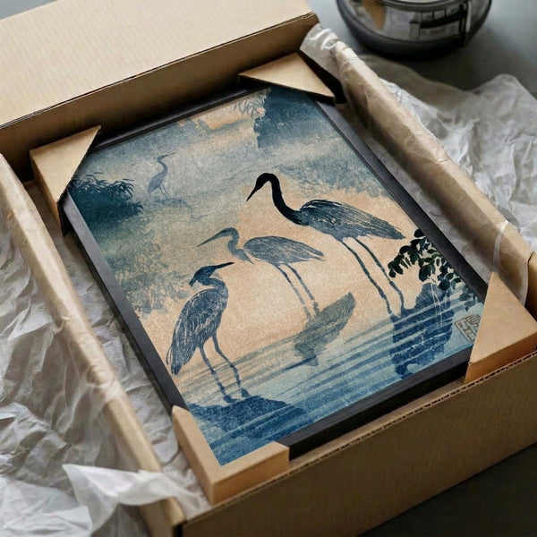 Calming landscape poster inspired by Japanese aesthetics, showing herons in misty water with natural charcoal and teal tones, perfect for serene interior spaces.