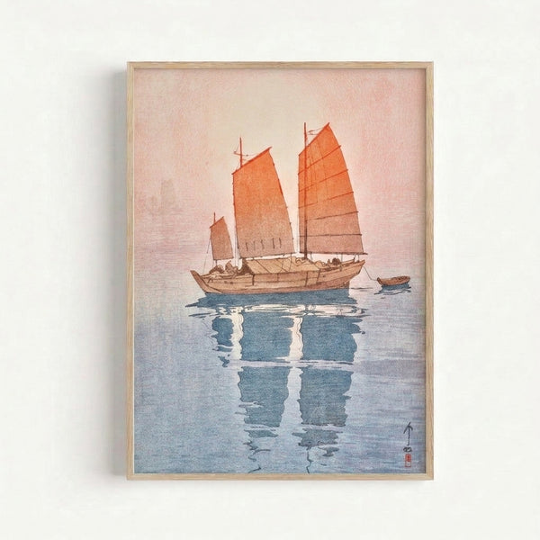 Minimalist framed poster depicting a Japanese junk sailboat with burnt orange accents and cream background, evoking nostalgic maritime tranquility.