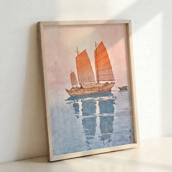 Vintage-style woodblock art print showing a traditional sailing vessel reflected in still water, rendered in soft pastels of pink, blue, and cream.