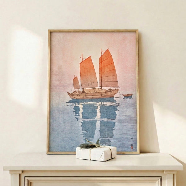 Serene Japanese nautical poster featuring a junk sailboat in minimalist composition with warm burnt orange and cool deep blue watercolor-like tones.