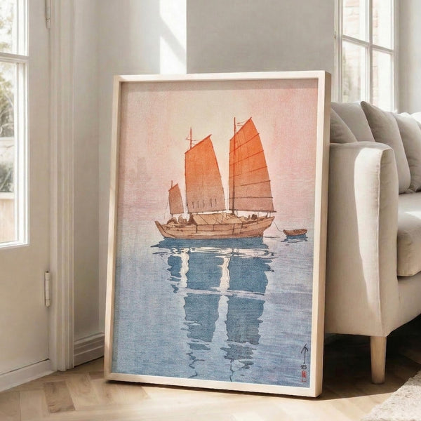 Contemplative Asian woodblock-inspired print of a traditional sailing junk on reflective waters, blending cream, soft pink, and indigo in peaceful vintage aesthetic.