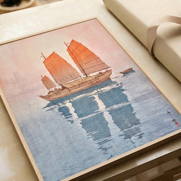 Traditional Japanese sailboat woodblock art print in serene composition, featuring soft pink and deep blue tones with cream highlights in vintage maritime style.