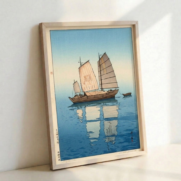 Traditional Japanese woodblock sailing junk print featuring delicate reflection in water, composed in muted blues, tans, and cream hues with a peaceful maritime mood.