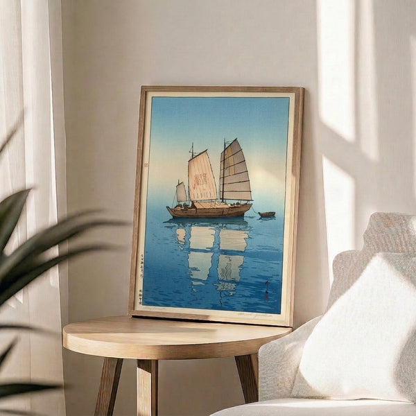 Pale yellow and blue Japanese woodblock art of a traditional junk sailboat on reflective waters, capturing contemplative maritime beauty in framed poster form.