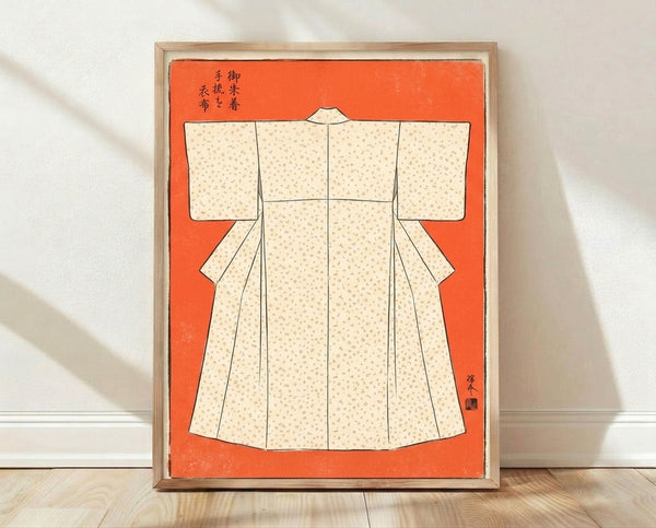 Japanese woodblock-style textile chart displaying traditional kimono fabric patterns in burnt orange, cream, and black on a framed poster hung on a wall.