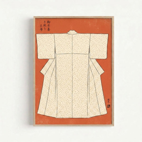 Showa-era inspired kimono pattern poster featuring geometric and decorative textile designs in warm earth tones and cream, printed as refined cultural wall art.