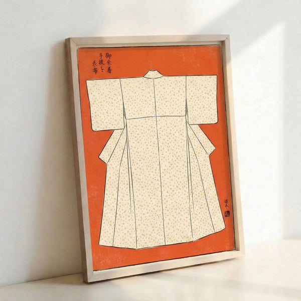 Educational textile reference chart of traditional Japanese kimono fabrics rendered in woodblock style with burnt orange, tan, and black motifs on a cream background.