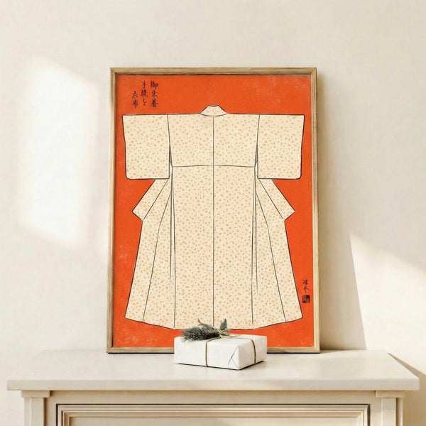Framed artistic print showcasing layered kimono textile patterns in Japanese woodblock aesthetic, featuring burnt orange and black designs on neutral tones.