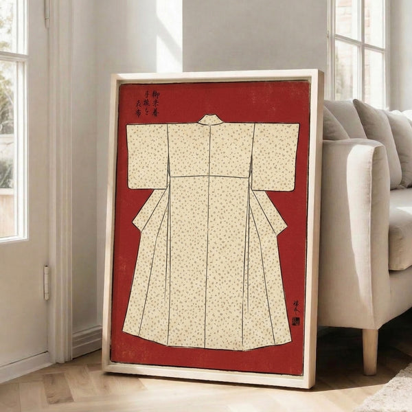 Traditional Japanese fabric pattern poster displaying multiple kimono textile samples in warm burnt orange, cream, and black, styled as heritage cultural artwork.