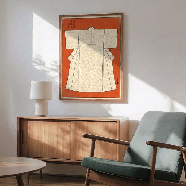 Woodblock-inspired chart of vintage kimono textiles arranged in an educational layout with burnt orange, tan, cream, and black tones on a framed wall print.
