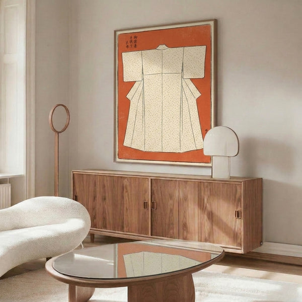 Refined Japanese cultural poster featuring a collection of traditional kimono fabric patterns rendered in authentic woodblock style with sophisticated burnt orange and earth tone palette.
