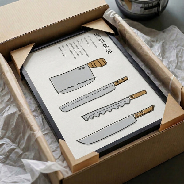 Framed minimalist art print depicting a collection of kitchen knives and cleavers using clean line art in neutral cream, gray, and black tones.