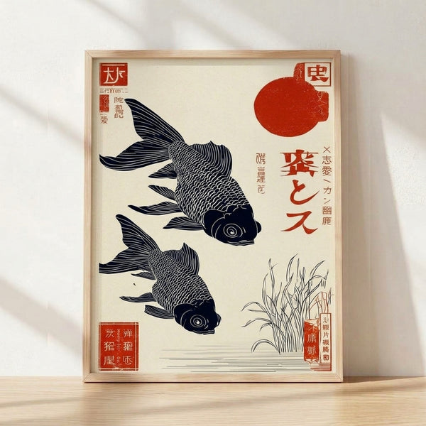 Serene Japanese woodblock print featuring two koi fish swimming among reeds beneath a moon, rendered in traditional style with cream, rust red, and navy blue palette.