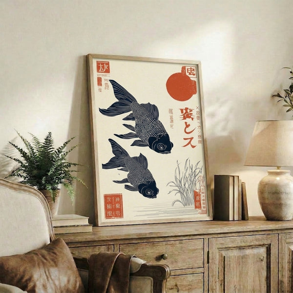 Contemplative artwork in Japanese woodblock tradition showing koi and aquatic plants in cream and deep blue tones, evoking peaceful elegance on a framed wall poster.