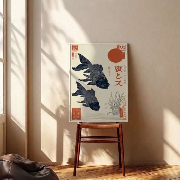 Traditional Japanese woodblock-style print depicting graceful koi fish in water with reeds and celestial moon, using warm rust and cool navy hues for serene mood.