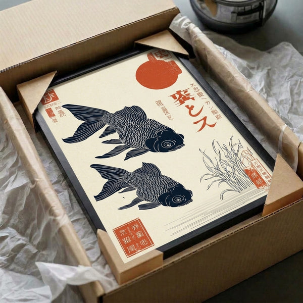 Framed poster artwork in classic Japanese woodblock aesthetic: two koi amid reeds and moonlight, rendered in cream, rust red, and navy blue with contemplative traditional elegance.