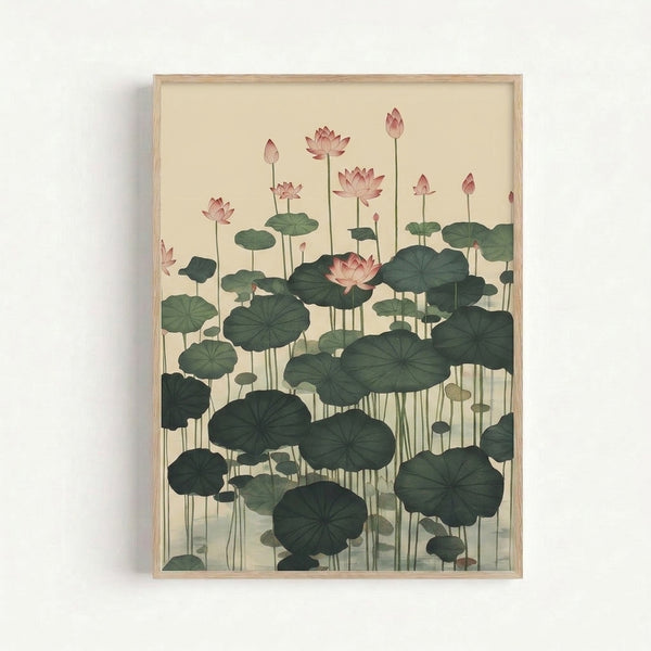 Japandi wall art featuring a peaceful lotus bloom and leaves in muted palette of pale green and dark teal, displayed as a framed print in contemplative Japanese aesthetic.
