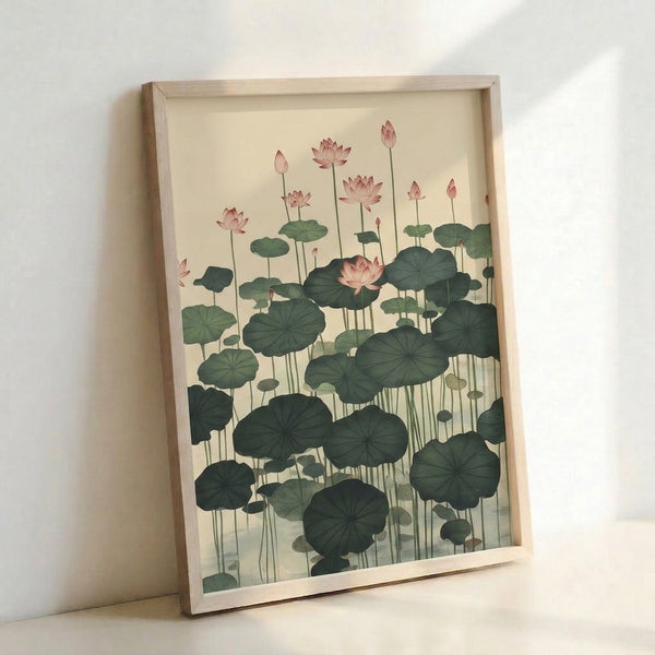 Tranquil framed art print showing a water lily and lotus plant in soft rose and sage green hues against cream, inspired by traditional Japanese woodblock printing techniques.