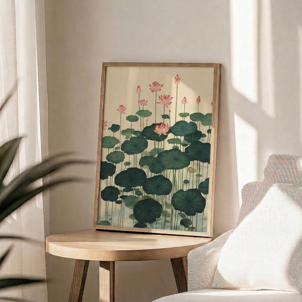 Framed botanical art print depicting a contemplative lotus pond scene in muted rose pink, sage, and dark teal tones, blending Japanese and Scandinavian design sensibilities.