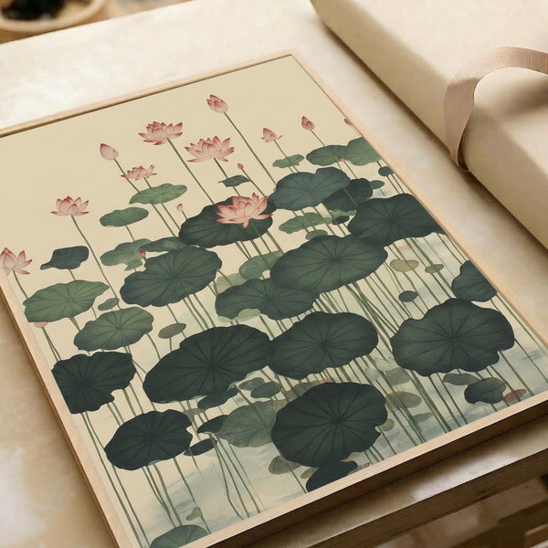 Japandi wall art of a graceful water lily and lotus leaves rendered in soft, earthy tones of cream, pale green, and rose, evoking tranquil Japanese woodblock tradition.