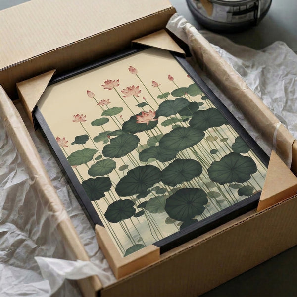 Serene framed poster showcasing a lotus flower on water with lily pads in harmonious palette of sage green, teal, and rose pink, embodying peaceful Japandi style.