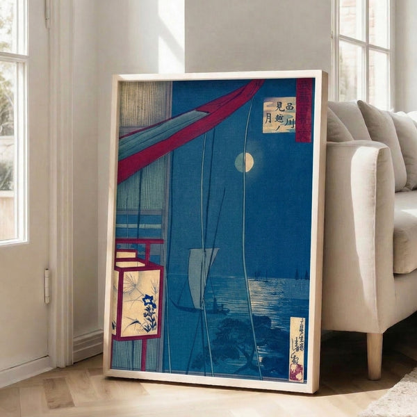 Japanese woodblock poster with serene nocturnal mood: pale moon above calm waters, traditional window frame, sailboat, and lantern rendered in rich indigo and crimson tones.