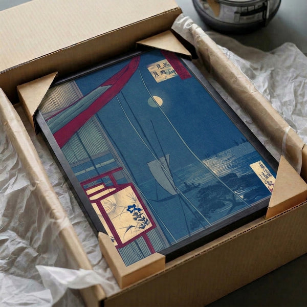 Serene Japanese woodblock wall art depicting a moonlit sailing scene with traditional architecture and lantern, rendered in atmospheric deep indigo, crimson red, and pale yellow tones.