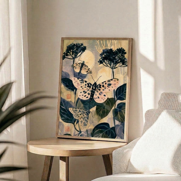Serene botanical wall art displaying graceful moths among flowering plants with intricate linework, showcasing muted earth tones and black details inspired by traditional Japanese printmaking techniques.