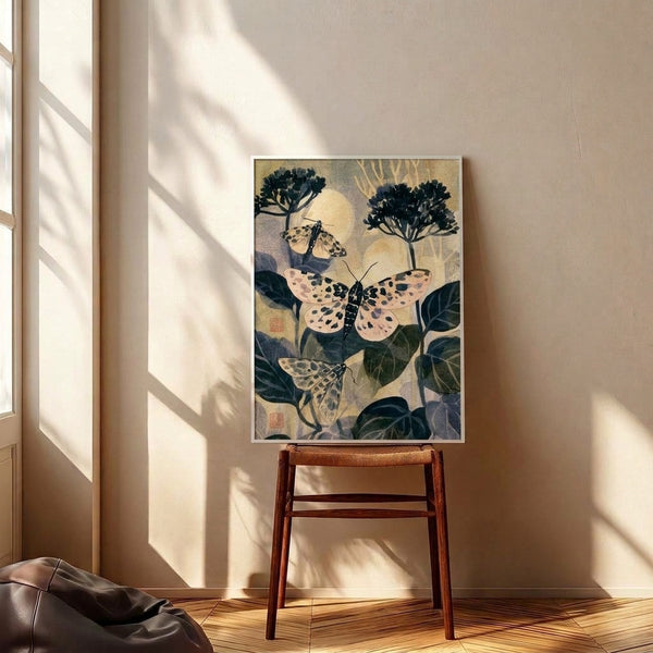 Japandi-style framed poster of naturalistic moths and blossoms in soft cream and sage hues with meditative composition, blending Japanese woodblock aesthetics with Art Nouveau organic forms.
