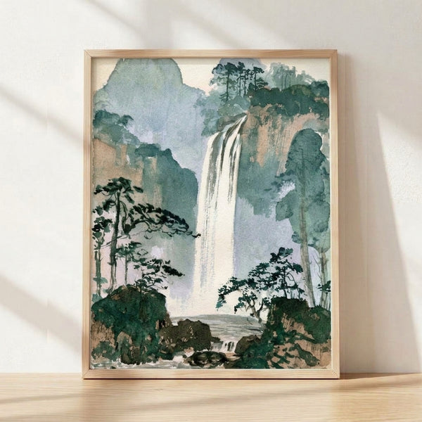 Serene waterfall cascading down a misty mountain cliff surrounded by forest trees, rendered in soft watercolor tones of sage green, pale blue, and cream in a vintage Japanese woodblock style.