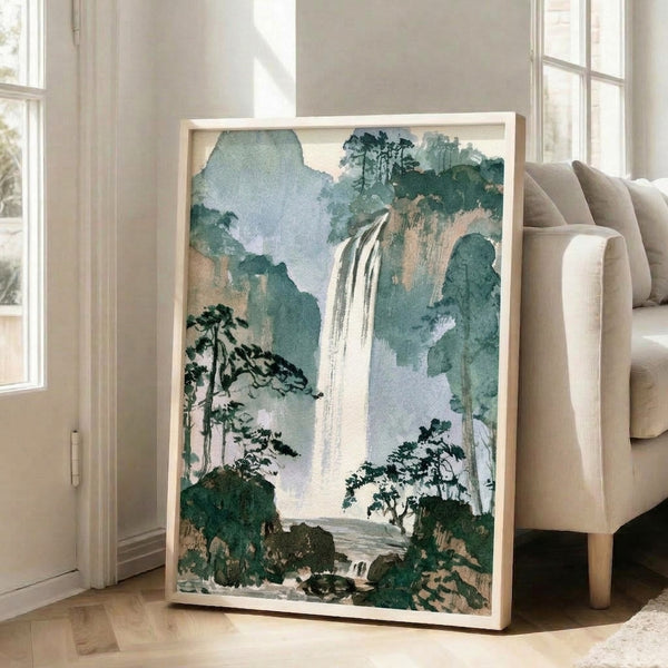 Contemplative landscape artwork depicting a majestic waterfall flowing through wooded mountains, painted in muted tones of dark teal, tan, and pale blue with an impressionist watercolor technique.
