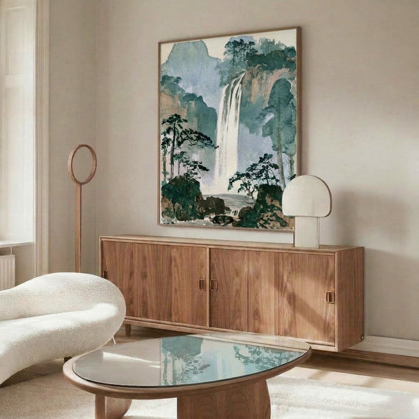 Vintage-inspired watercolor painting of a serene waterfall dropping from rocky cliffs into a forest valley, executed in soft cream, pale blue, and sage green tones with contemplative mood.