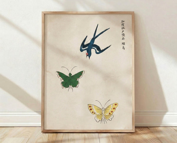 Serene Japanese woodblock-style poster featuring a perched bird with monarch butterflies and insects rendered in cream, deep blue, forest green, and terracotta tones.