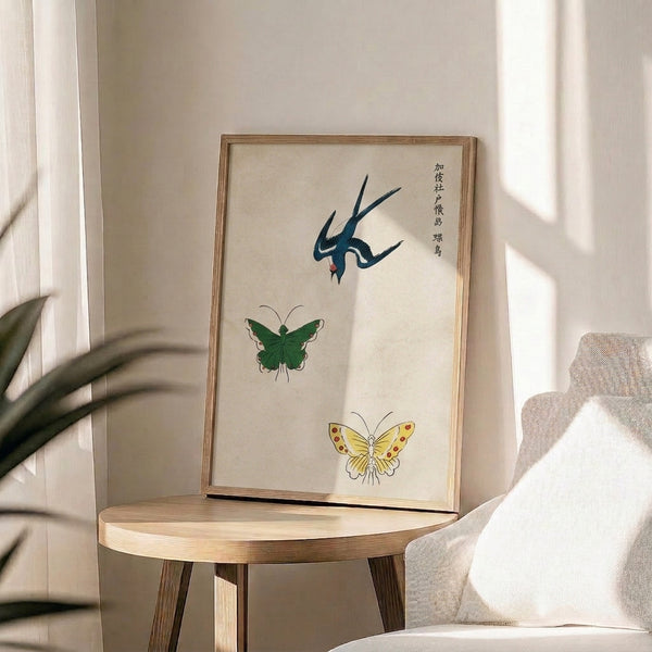 Japandi wall art print capturing a peaceful bird and butterfly scene in harmonious cream, forest green, terracotta red, and deep blue tones.