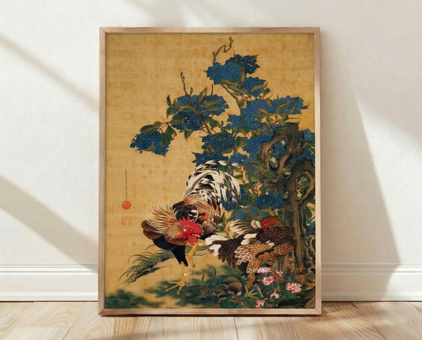 Japanese woodblock print featuring a red rooster and hen perched among grapevines and deep blue hydrangea flowers, rendered in traditional style with gold, ochre, and forest green tones.