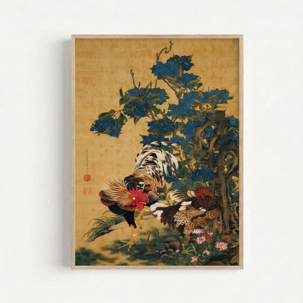 Framed traditional Japanese art depicting two birds on a flowering branch with blue blooms and verdant foliage in a serene, naturalistic composition.
